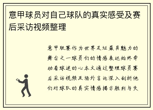 意甲球员对自己球队的真实感受及赛后采访视频整理